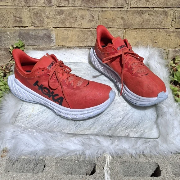 Hoka One One Carbon x 2 Fiesta Red Orange White Running Sneakers Men Size 12D